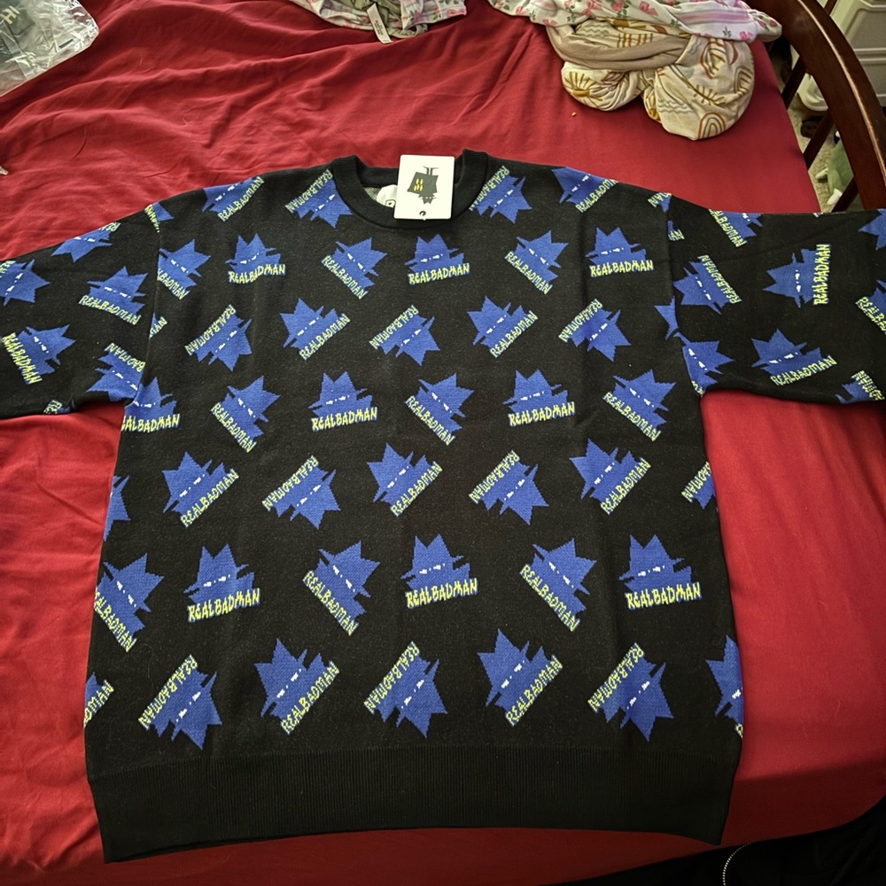 REAL BAD MAN Geometric Black and Blue Crewneck Sweater